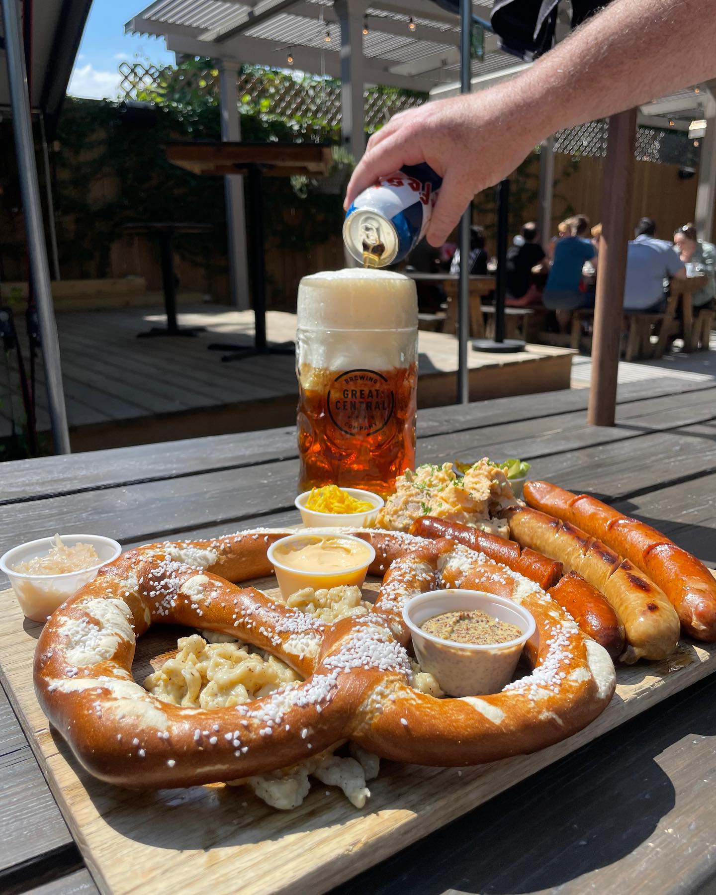 pretzel and beer in kaiser tiger beer garden chicago
